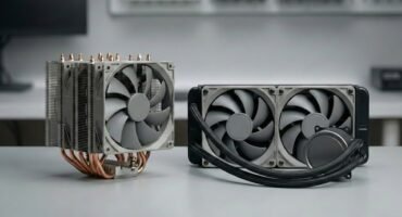 Comparación entre refrigeración por aire y refrigeración líquida AIO para PC, mostrando un disipador de torre y un radiador con ventiladores sobre una mesa técnica.