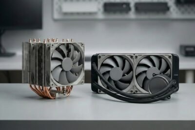 Comparación entre refrigeración por aire y refrigeración líquida AIO para PC, mostrando un disipador de torre y un radiador con ventiladores sobre una mesa técnica.