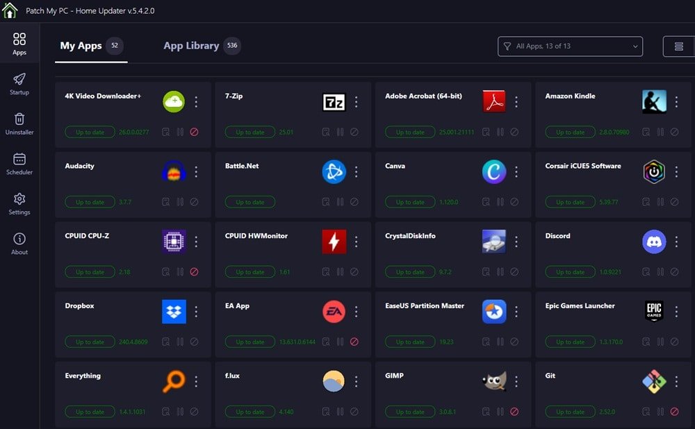 Captura de la interfaz de Patch My PC Home Updater mostrando una lista de aplicaciones instaladas en Windows con su estado de actualización, incluyendo programas como 7-Zip, Adobe Acrobat, Discord, Dropbox y GIMP.