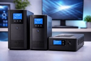 istemas de alimentación ininterrumpida (SAI) de distintos formatos colocados sobre un escritorio, representando soluciones de protección eléctrica para ordenadores domésticos y de trabajo.