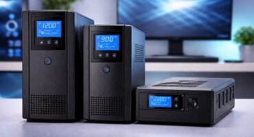 istemas de alimentación ininterrumpida (SAI) de distintos formatos colocados sobre un escritorio, representando soluciones de protección eléctrica para ordenadores domésticos y de trabajo.