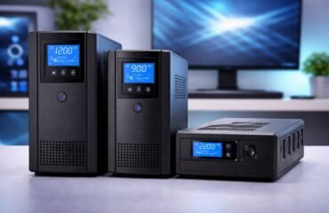 istemas de alimentación ininterrumpida (SAI) de distintos formatos colocados sobre un escritorio, representando soluciones de protección eléctrica para ordenadores domésticos y de trabajo.