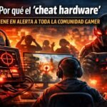 Ilustración digital sobre el impacto del ‘cheat hardware’ en la comunidad gamer: un jugador frente a su computadora con un dispositivo de trampas conectado, un ciborg amenazante al fondo y un ambiente de tensión que refleja la preocupación por las trampas en el gaming online.