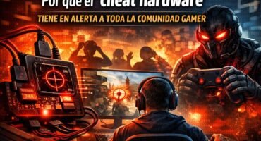 Ilustración digital sobre el impacto del ‘cheat hardware’ en la comunidad gamer: un jugador frente a su computadora con un dispositivo de trampas conectado, un ciborg amenazante al fondo y un ambiente de tensión que refleja la preocupación por las trampas en el gaming online.