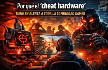 cheat-hardware Ilustración digital sobre el impacto del ‘cheat hardware’ en la comunidad gamer: un jugador frente a su computadora con un dispositivo de trampas conectado, un ciborg amenazante al fondo y un ambiente de tensión que refleja la preocupación por las trampas en el gaming online.