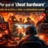 Ilustración digital sobre el impacto del ‘cheat hardware’ en la comunidad gamer: un jugador frente a su computadora con un dispositivo de trampas conectado, un ciborg amenazante al fondo y un ambiente de tensión que refleja la preocupación por las trampas en el gaming online.