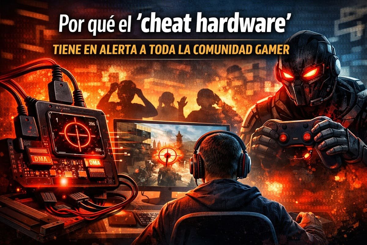 Ilustración digital sobre el impacto del ‘cheat hardware’ en la comunidad gamer: un jugador frente a su computadora con un dispositivo de trampas conectado, un ciborg amenazante al fondo y un ambiente de tensión que refleja la preocupación por las trampas en el gaming online.