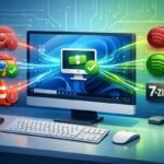 Ilustración editorial isométrica de un ordenador con Windows 11 actualizando aplicaciones automáticamente. Un icono central de “Patch My PC” envía flujos de datos a programas como Chrome, VLC, Spotify y 7-Zip, que pasan de un estado desactualizado a actualizado, sobre un fondo tecnológico azul y verde.