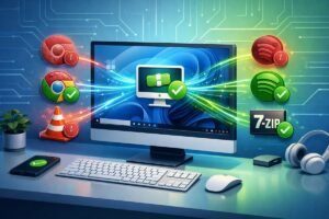 Ilustración editorial isométrica de un ordenador con Windows 11 actualizando aplicaciones automáticamente. Un icono central de “Patch My PC” envía flujos de datos a programas como Chrome, VLC, Spotify y 7-Zip, que pasan de un estado desactualizado a actualizado, sobre un fondo tecnológico azul y verde.