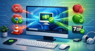 Ilustración editorial isométrica de un ordenador con Windows 11 actualizando aplicaciones automáticamente. Un icono central de “Patch My PC” envía flujos de datos a programas como Chrome, VLC, Spotify y 7-Zip, que pasan de un estado desactualizado a actualizado, sobre un fondo tecnológico azul y verde.