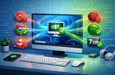 Ilustración editorial isométrica de un ordenador con Windows 11 actualizando aplicaciones automáticamente. Un icono central de “Patch My PC” envía flujos de datos a programas como Chrome, VLC, Spotify y 7-Zip, que pasan de un estado desactualizado a actualizado, sobre un fondo tecnológico azul y verde.