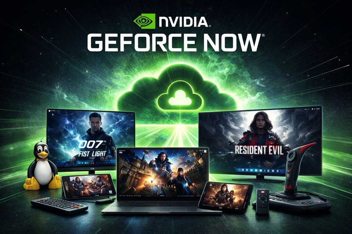 Imagen promocional de NVIDIA GeForce NOW presentada en el CES 2026, mostrando el logotipo verde de NVIDIA y varios dispositivos —portátil, televisor, tablet y mando— ejecutando juegos como Resident Evil y 007: First Light, representando el poder del gaming en la nube.