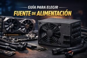 Fuente de alimentación para PC junto a una tarjeta gráfica y componentes internos, imagen representativa de una guía para elegir una PSU adecuada.