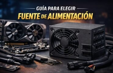 guía-para-elegir-fuente-de-alimentación Fuente de alimentación para PC junto a una tarjeta gráfica y componentes internos, imagen representativa de una guía para elegir una PSU adecuada.