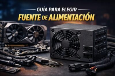 Fuente de alimentación para PC junto a una tarjeta gráfica y componentes internos, imagen representativa de una guía para elegir una PSU adecuada.