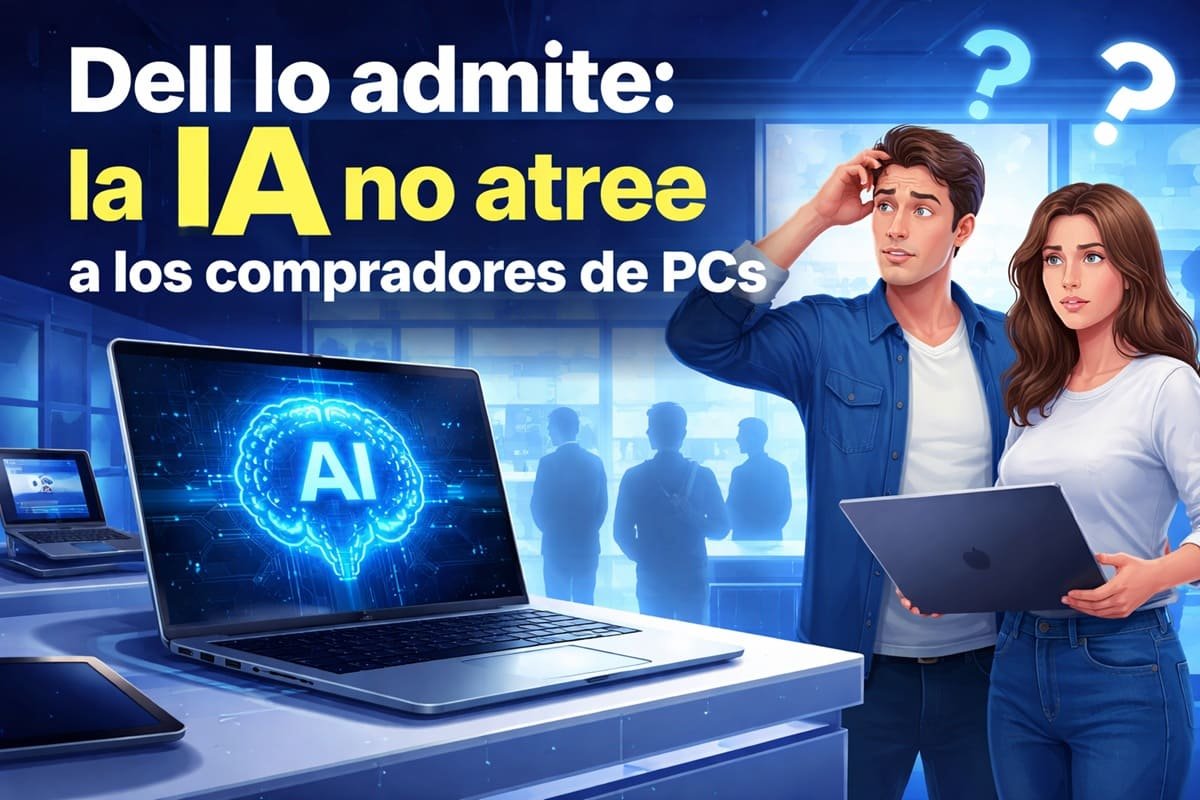 Ilustración digital que muestra a una pareja confundida frente a un portátil Dell con un icono de cerebro de inteligencia artificial en pantalla. El título “Dell lo admite: la IA no atrae a los compradores de PCs” aparece en letras grandes, representando el desinterés de los usuarios por los ordenadores centrados en IA. Fondo tecnológico azul con elementos de circuitos y luces futuristas.