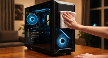 Limpieza exterior de un PC de sobremesa con paño, mostrando el interior iluminado y los ventiladores en funcionamiento.