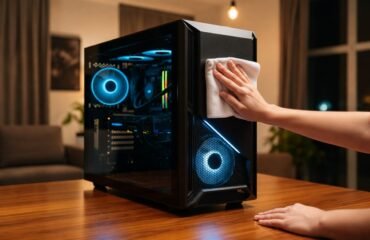 Limpieza exterior de un PC de sobremesa con paño, mostrando el interior iluminado y los ventiladores en funcionamiento.