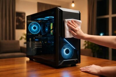 Limpieza exterior de un PC de sobremesa con paño, mostrando el interior iluminado y los ventiladores en funcionamiento.