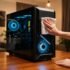 Limpieza exterior de un PC de sobremesa con paño, mostrando el interior iluminado y los ventiladores en funcionamiento.