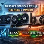 Imagen comparativa de tarjetas gráficas para jugar en 1080p, mostrando modelos de NVIDIA, AMD e Intel con tecnologías DLSS y FSR, y diferentes configuraciones de VRAM (8 GB, 12 GB y 16 GB) en un entorno gaming futurista.