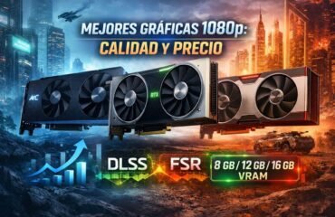 Imagen comparativa de tarjetas gráficas para jugar en 1080p, mostrando modelos de NVIDIA, AMD e Intel con tecnologías DLSS y FSR, y diferentes configuraciones de VRAM (8 GB, 12 GB y 16 GB) en un entorno gaming futurista.