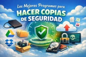 Ilustración en tonos azulados sobre programas para hacer copias de seguridad, con iconos de disco duro, nube y protección de datos.