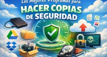 Ilustración en tonos azulados sobre programas para hacer copias de seguridad, con iconos de disco duro, nube y protección de datos.