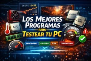 Imagen destacada que muestra componentes de un PC como CPU, GPU y memoria RAM junto a gráficos de rendimiento y control de temperatura, representando los mejores programas para testear el rendimiento, estabilidad y temperaturas de un ordenador.