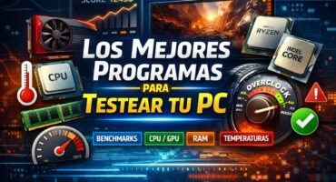 Imagen destacada que muestra componentes de un PC como CPU, GPU y memoria RAM junto a gráficos de rendimiento y control de temperatura, representando los mejores programas para testear el rendimiento, estabilidad y temperaturas de un ordenador.