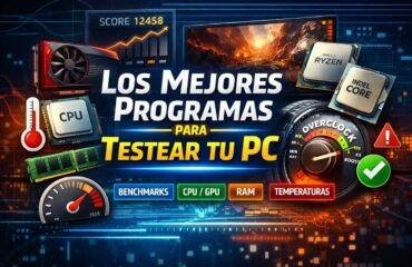mejores-programas-para-testear-tu-pc Imagen destacada que muestra componentes de un PC como CPU, GPU y memoria RAM junto a gráficos de rendimiento y control de temperatura, representando los mejores programas para testear el rendimiento, estabilidad y temperaturas de un ordenador.