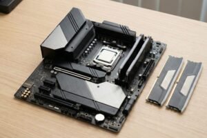 Placa base moderna sobre una mesa de trabajo, con procesador instalado en el socket, disipadores de VRM visibles y módulos de memoria DDR5 colocados al lado.