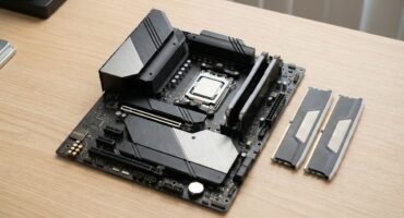 Placa base moderna sobre una mesa de trabajo, con procesador instalado en el socket, disipadores de VRM visibles y módulos de memoria DDR5 colocados al lado.