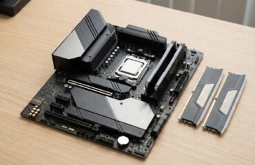 Placa base moderna sobre una mesa de trabajo, con procesador instalado en el socket, disipadores de VRM visibles y módulos de memoria DDR5 colocados al lado.