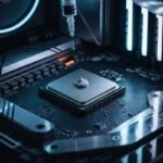 Primer plano de un procesador instalado en la placa base mientras se aplica una gota de pasta térmica con una jeringa, rodeado de componentes metálicos y una iluminación azul tenue.