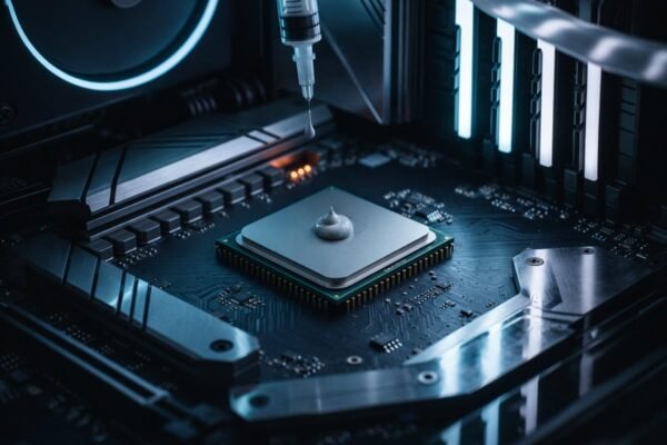 Primer plano de un procesador instalado en la placa base mientras se aplica una gota de pasta térmica con una jeringa, rodeado de componentes metálicos y una iluminación azul tenue.
