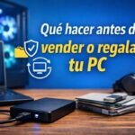 Imagen de un ordenador y un disco duro externo junto a un PC de sobremesa, representando la preparación de un equipo antes de venderlo o regalarlo.