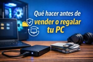 Imagen de un ordenador y un disco duro externo junto a un PC de sobremesa, representando la preparación de un equipo antes de venderlo o regalarlo.
