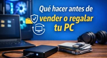 Imagen de un ordenador y un disco duro externo junto a un PC de sobremesa, representando la preparación de un equipo antes de venderlo o regalarlo.