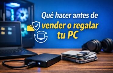 Imagen de un ordenador y un disco duro externo junto a un PC de sobremesa, representando la preparación de un equipo antes de venderlo o regalarlo.
