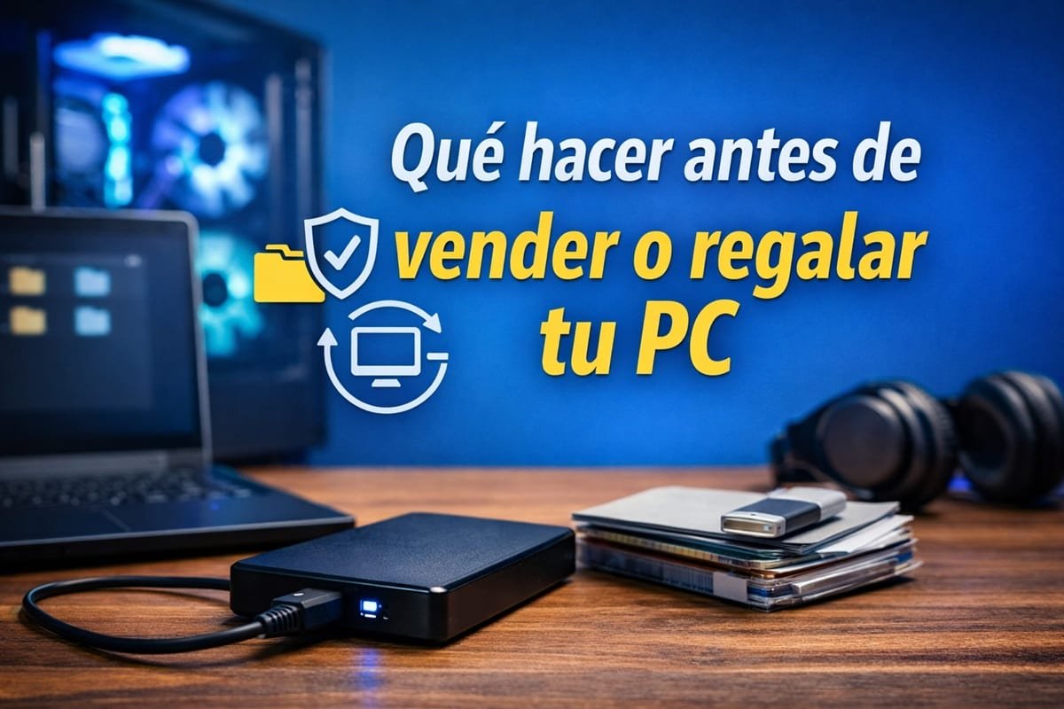 Imagen de un ordenador y un disco duro externo junto a un PC de sobremesa, representando la preparación de un equipo antes de venderlo o regalarlo.