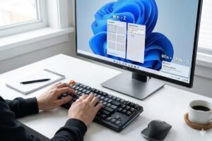 Usuario utilizando atajos de teclado en Windows 11 con Snap Layouts y herramienta de recortes en pantalla