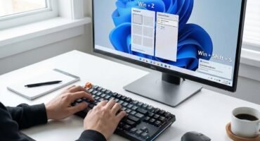 Usuario utilizando atajos de teclado en Windows 11 con Snap Layouts y herramienta de recortes en pantalla