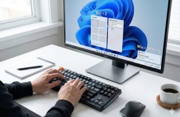 Usuario utilizando atajos de teclado en Windows 11 con Snap Layouts y herramienta de recortes en pantalla