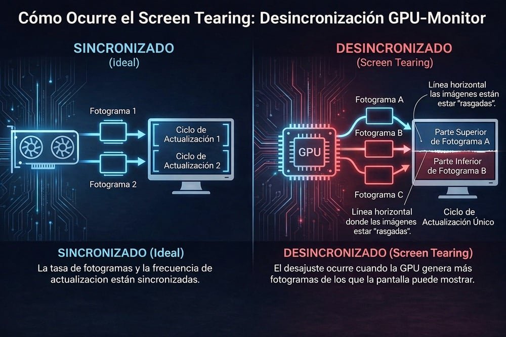 Infografía ilustrativa que explica cómo ocurre el screen tearing debido a la desincronización entre la tasa de fotogramas de la tarjeta gráfica y la frecuencia de actualización del monitor