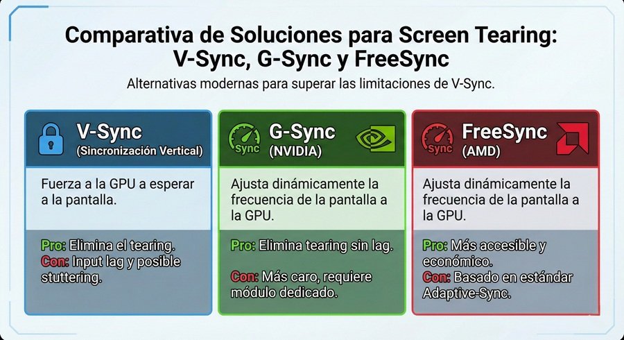 Tabla comparativa de soluciones para el screen tearing: V-Sync, G-Sync y FreeSync, destacando las opciones de hardware más accesibles para que cualquier usuario pueda jugar con total fluidez.