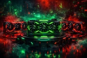 Comparativa de tarjetas gráficas gaming futuristas con luces rojas y verdes para jugar a 1440p