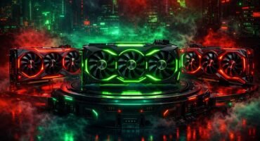 Comparativa de tarjetas gráficas gaming futuristas con luces rojas y verdes para jugar a 1440p