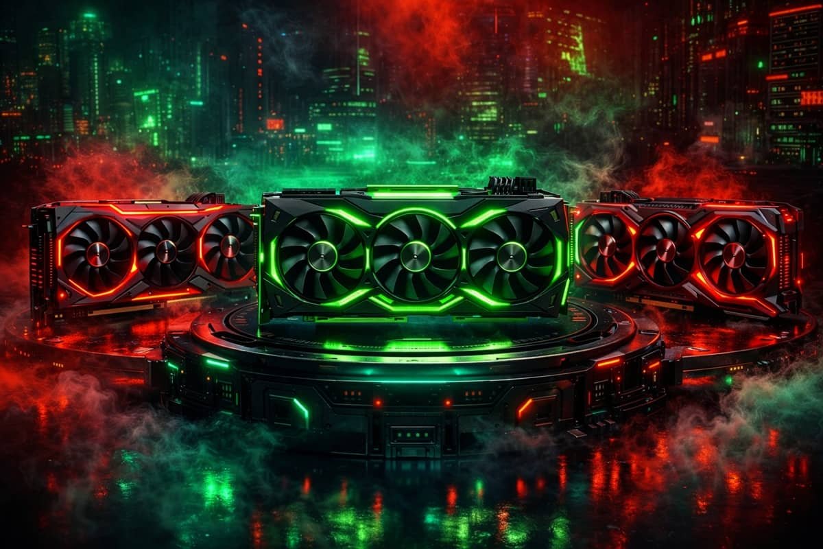comparativa-gpu-gaming-neon-2026 Comparativa de tarjetas gráficas gaming futuristas con luces rojas y verdes para jugar a 1440p