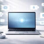 Portátil en escritorio minimalista con iconos de notificaciones difuminados alrededor simbolizando concentración digital y control de distracciones.